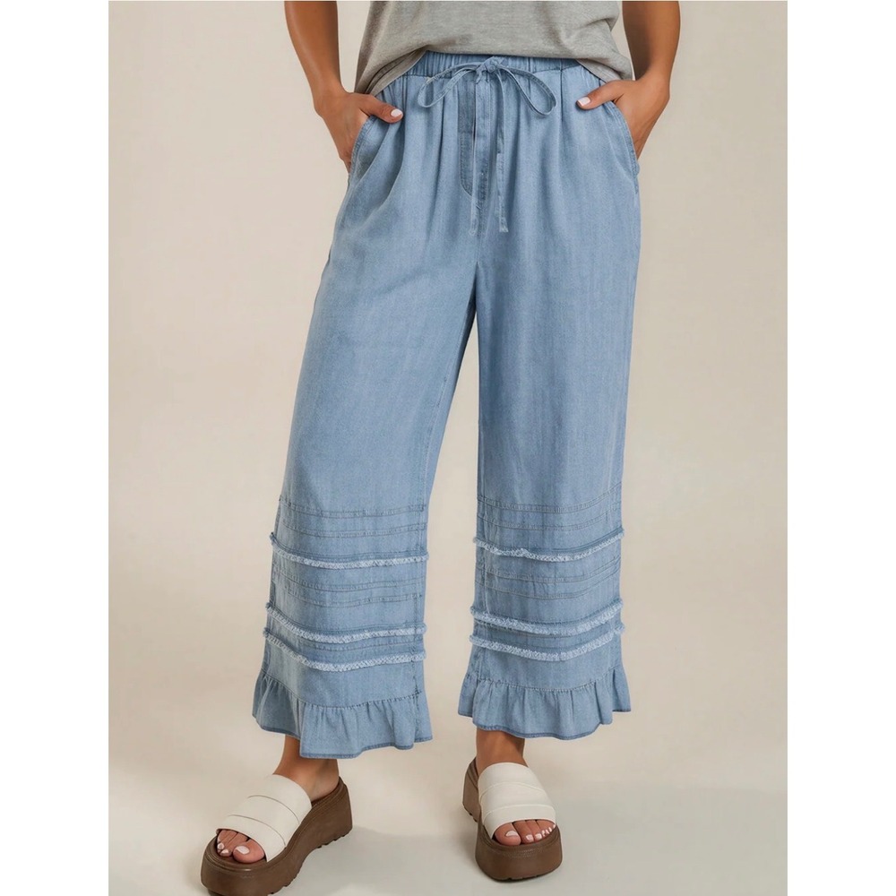 NEW Chambray Wide Leg Pants Women Medium Blue Ruffle Frayed Hem Cotton Boho